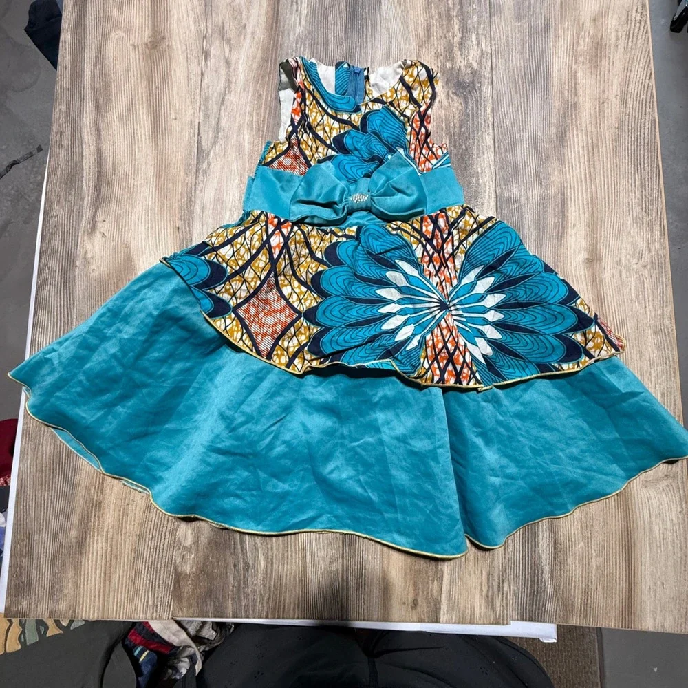 Handmade Toddler Girls African Print Tiered Party Dress Size 3T Teal Boho Bow